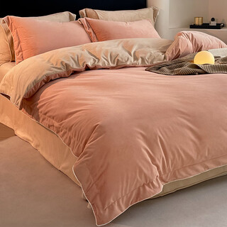 Sibaishe thickened baby velvet bed four-piece set 2024 new coral velvet quilt cover winter double-sided milk velvet bed sheet baby velvet-pink khaki 1.8m bed sheet four-piece set-quilt cover 200*230cm