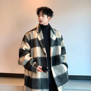 Oemg college style british mid-length woolen coat men's autumn and winter plaid windbreaker small fragrance loose woolen coat black xl recommended 110-130jin jin equals 0.5 kg