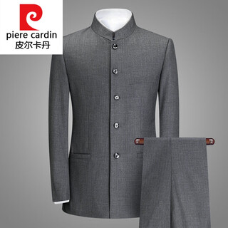 Pierre cardin men's new chinese stand-up collar suit suit for young and middle-aged men and dad's wear no-iron striped dress tunic knitted medium gray striped xxs pants waistline message remarks
