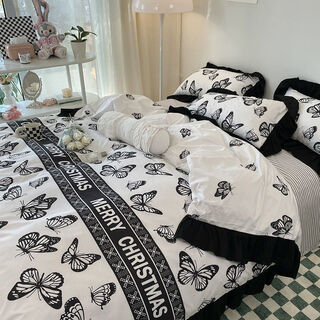 Qixing ins blogger black and white hepburn style lace french retro bed quilt cover dormitory amnesia butterfly-hs 1.8 bed sheet four-piece set quilt cover 200*230