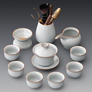 Tangfeng ru kiln kung fu tea set complete set with tea tray for home office reception high-end light luxury ceramic teapot tea cup set ru kiln tianle covered bowl 10 pieces + pinsheng