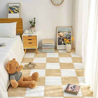 Glimmer plush bedside carpet, stain-resistant, stain-resistant, children's room, full home, cuttable foam splicing floor mat, plush carpet, light brown, milky white, 10 pieces in total, 30*30*1