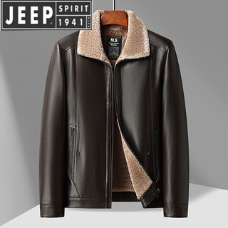 Jeep spirit dad winter leather jacket middle-aged men's stand-up collar plus velvet leather jacket middle-aged and elderly casual thickened warm coat top brown fur collar 180 weight 130-150 jin jin is equal to 0.5 kg
