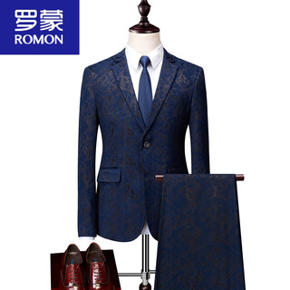 Romon suit men's three-piece business casual dark floral suit handsome slim host groom wedding dress dark blue (suit + pants) xl