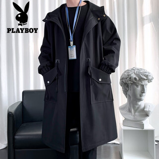 Playboy windbreaker men's jacket mid-length coat 2025 autumn and winter casual british style men's cloak warm top black windbreaker mid-length 3xl 190 to 240jin jin equals 0.5 kg can be worn