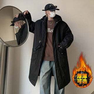卡鲁微300斤特大码中长款风衣男士胖子连帽加棉外套男2025新款工装大衣 黑色加棉 厚款 5XL 建议200-220斤