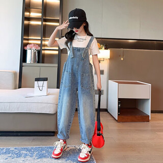 Qiahan girls denim overalls 2023 spring new fashionable children's fashionable loose all-match casual pants for middle and large children single overalls 150 cm