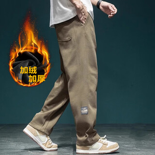 Yinanshuoyi sweatpants men's loose straight sports pants autumn and winter velvet casual pants hanging elastic pants trendy fat wide-leg long pants khaki plus velvet style l 130-150jin jin is equal to 0.5 kg