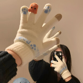 Chajin cute plush knitted five-finger gloves for women, warm and thickened in winter for students with touch screen for cycling, cold and windproof in winter, cute little fox white, velvet and thickened/touch screen
