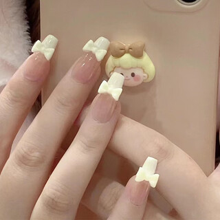 Magic casa wearable manicure finished nail patch summer 2023 new style short style medium length ice transparent french mj-246 nude pink french bow