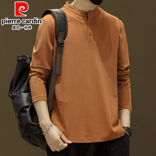 Pierre cardin casual stand collar long sleeve t-shirt men's spring thin tops plus velvet casual henley collar polo bottoming shirt 56119 brown style regular 2xl about 140-155jin jin is equal to 0.5 kg