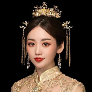 Meng junchen's bride xiuhe headdress, golden phoenix crown, chinese style wedding costume, fringed hair accessories, showing face, small xiuhe clothing, accessories, elegant set of ear acupuncture