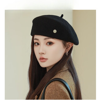 Huigyaay light luxury british retro wool painter hat for women korean autumn and winter new versatile face-showing beret black m (56-58cm)