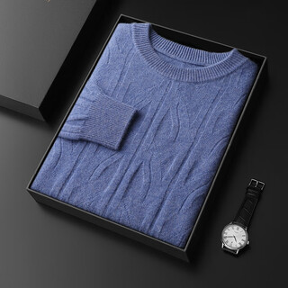 Ordos city-produced 205 winter double-strand thickened cashmere sweater men's round neck business casual jacquard sweater wide floral blue xl