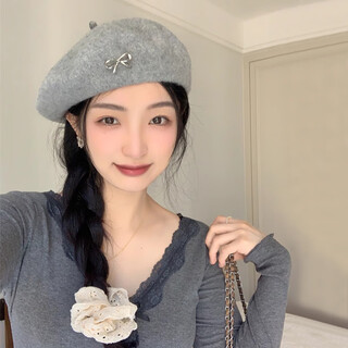 Yi jian beret with bow for women, versatile temperament, retro fashion painter hat, autumn and winter hat with wool beret, exquisite bow beret, gray, one size fits all (recommended 55-57cm)