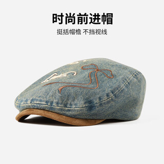 Jincheng british retro beret hat women's peaked cap showing face small outdoor washed letters old denim forward hat cm06 retro bow