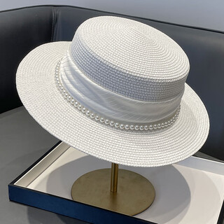 Pengxuan french lady style flat top hat for women new summer elegant pearl straw seaside sun protection hat white one size