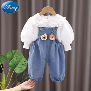 Disney (disney) baby girl overalls set spring and autumn style 3 children's clothes baby children's clothing 1-year-old girl autumn clothing two-piece set xp denim overalls puff sleeve blue 90