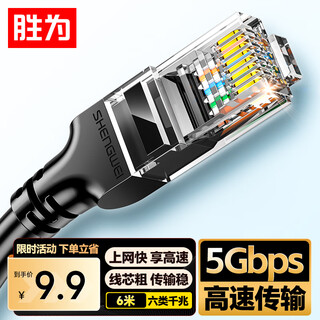 Shengwei category 6 network cable gigabit high-speed broadband cable cat6 engineering monitoring computer router network home finished jumper 8-core twisted pair black 6 meters lc-1206g