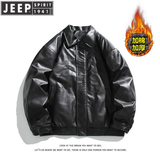 Jeep spirit quilted thickened winter pu leather loose jacket winter men's cotton coat black m