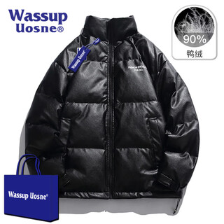Wassup uosne official trendy brand down jacket for men and women in winter american style no-wash pu leather 90 duck down pie jacket pilot jacket for men 9205 ink black - no-wash pu leather (90% duck down) m (recommended 120-145jin jin equals 0.5kg)