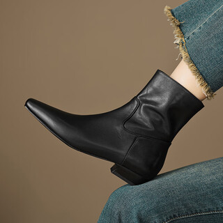 Fzfd sheepskin french low-heeled short boots for women 2024 new spring and autumn single boots square toe flat slim martin boots and ankle boots cowhide black 37