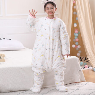 Heshengzhong big children's gauze split sleeping bag with legs and feet wrapped in spring, summer, autumn and winter for four seasons, anti-kicking quilt for children aged 3-6-12 years old, cute bunny - pure cotton knitted fabric, spring and autumn, medium thickness, zipper footmuffs, 105cm, height 105~120 options