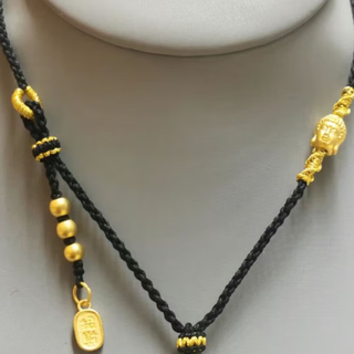 Dlez old phoenix gold pendant double-sided buddha head pure gold beads transfer beads square brand braided rope necklace with pendant pure gold double-sided buddha + 3 gold beads square brand black rope necklace