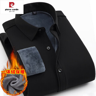Pierre cardin winter warm shirt men's long-sleeved velvet thickened middle-aged and elderly stretchy no-iron solid color shirt dad jacket black warm no-iron style 41/xl 145-155jin jin equals 0.5 kg
