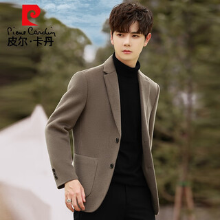 Pierre cardin woolen suit jacket men's spring and autumn casual korean wool suit top thickened double-sided woolen coat short style light brown m 170