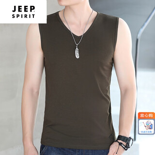 JEEP SPIRIT/吉普纯棉背心男士夏季V领无袖纯色宽肩全棉打底汗衫坎肩健身潮品 橄榄色 2XL(160斤左右)
