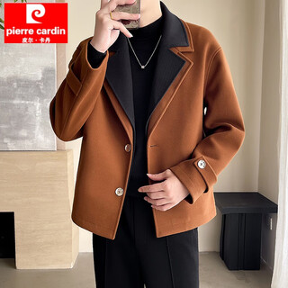 Pierre cardin woolen coat men's winter high-end fake two-piece woolen material suit collar jacket trendy short handsome color block coat caramel color m