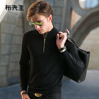 Mr. bu sweater men's spring woolen sweater half turtleneck zipper fashion pure wool men's bottoming sweater spring bt338 black m (170)