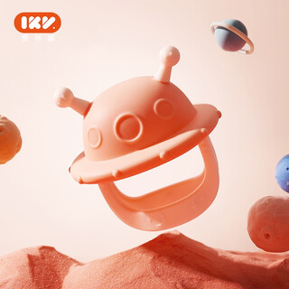 Ikv bear hand guard teether for baby silicone anti-baby teether can be boiled and storage box ufo teether - pink