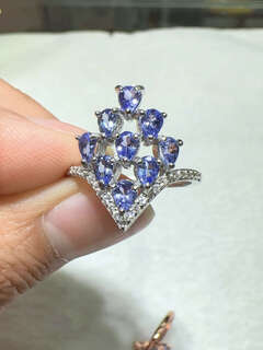 Shilian natural tanzanite ring s925 silver inlaid live mouth women's ring water drop blue fashionable atmosphere silver support