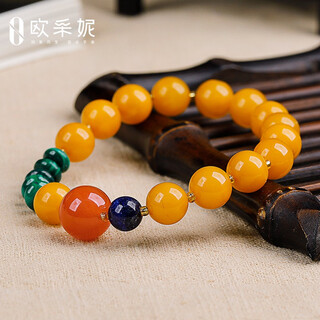 Oucerny beeswax bracelet natural amber old beeswax southern red round beads malachite lapis lazuli single circle multi-treasure bracelet for men and women one item one certificate supports re-inspection