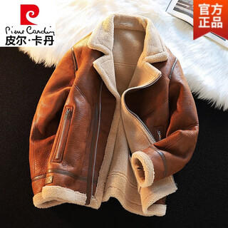 Pierre cardin deerskin jacket men's fur one-piece lamb fur jacket winter lamb velvet motorcycle parka men's jacket winter camel xl (light business)