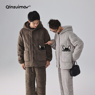 Kissing cat hooded island velvet quilted couple pajamas women's winter suit three layers thickened men's home clothes outerwear 7031 phantom gray women's m