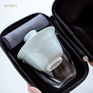 Blue print oriental jingdezhen travel tea set outdoor tea drinking set portable ceramic covered bowl tea cup national color tianxiang travel pack-black