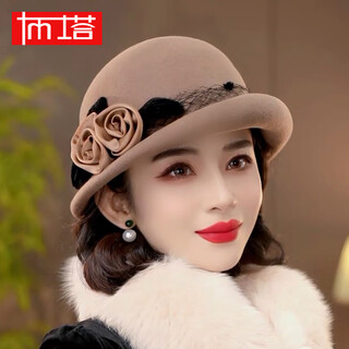 PTAH帽子女秋冬季手工花朵小礼帽贝雷保暖羊毛呢毡礼帽百搭时尚复古 驼色