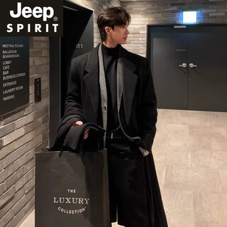 Jeep spirit versatile woolen coat men's winter korean style thickened long knee-length woolen windbreaker men's trendy coat versatile black m