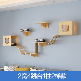 Tuanyuanyue luxury solid wood cat wall-mounted cat climbing frame wall-mounted springboard ladder wooden wall cat furniture needs to be punched 2 nests 4 tables 2 ladders 1 column