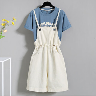 Baldauren summer overalls for girls and boys, korean style loose slimming straight wide-leg jumpsuit short-sleeved suit for primary and secondary school students 199# apricot overalls + blue t-shirt s recommended 75-90jin jin equals 0.5kg!