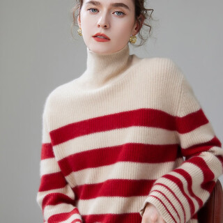 Mushi autumn and winter cashmere sweater women's turtle collar cashmere sweater women's striped loose thick knit sweater 23 new style zb8369 red one size