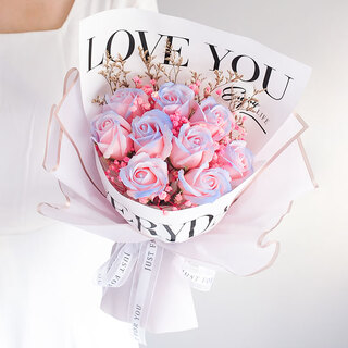 Take time to crush ice blue rose dried bouquet, immortal flower artificial flower to send to girlfriend and best friend as a new year's day birthday gift, blue and pink gradient + lamp + gift bag + greeting card