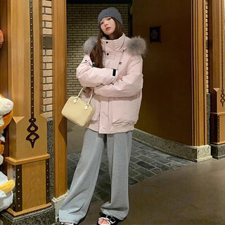 Aizhuer workwear parka down jacket for women winter new style large fur collar hooded thickened design cotton coat and jacket slush powder m (recommended 105-120 jin jin equals 0.5 kg)