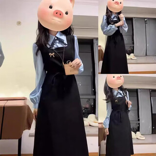 Ershan collection fake two-piece college style long-sleeved dress for children's spring 2025 new teaching interview korean style suit fake two-piece dress with free bow tie and brooch s (80-95jin jin is equal to 0.5 kg)