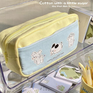 Canaan songji simple japanese style ins large capacity color matching niche pencil case middle and high school student exam portable pencil pencil case yellow and blue splicing puppy pencil case connect puppy pencil case
