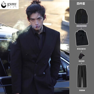 Gxmy suit jacket men's casual casual handsome double-breasted shoulder pad suit men's jacket british elegant handsome men's fashion black suit + black shirt + trousers tie four-piece set xl