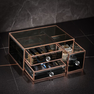 Kaman glass cosmetics storage box, light luxury dust-proof desktop dressing table skin care product storage rack, 520 gift for wife, three drawers can store facial creams and facial masks